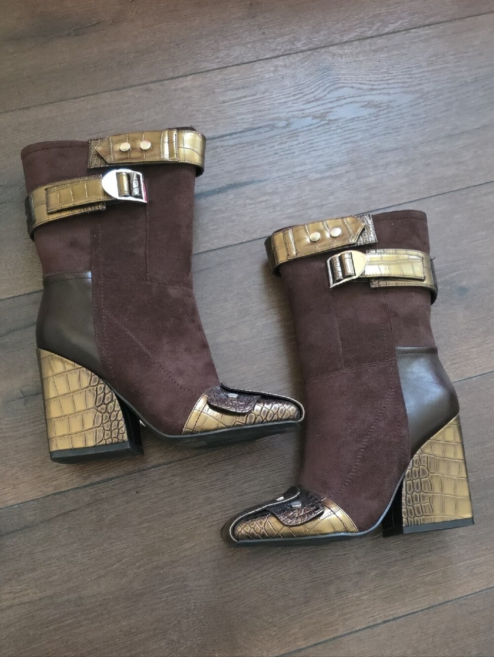 Azalea Wang Akira Allona Brown Heeled Boot Suede and Gold Accent Block Heel